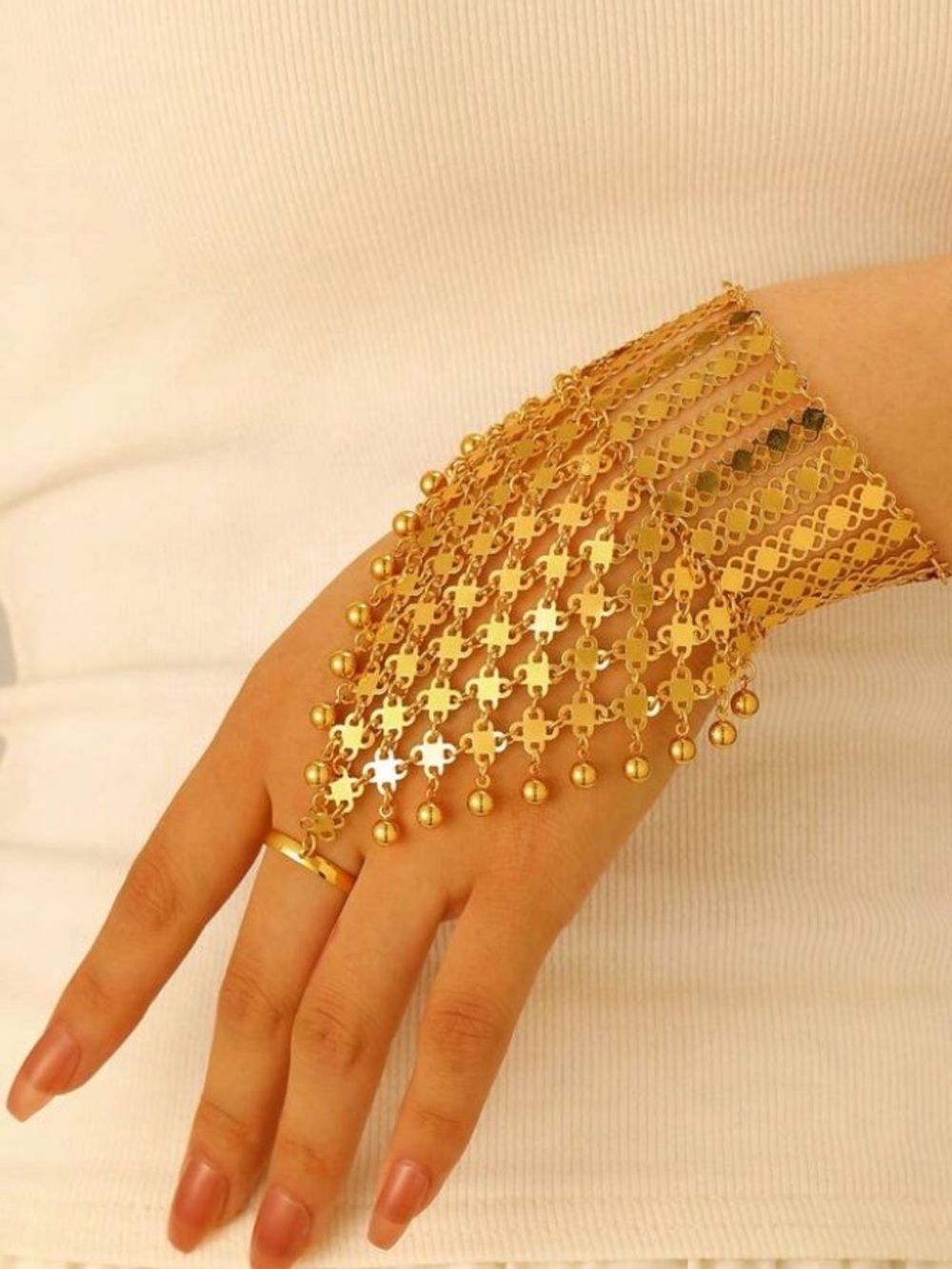 Luxury Gold Mesh Cuff Bracelet with Cascading Chain Fringe